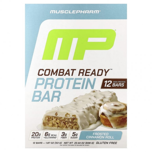 MusclePharm, Протеиновый батончик Combat Ready ™, булочка с корицей, 12 батончиков, 53 г (1,87 унции) MusclePharm, Протеиновый батончик Combat Ready ™, булочка с корицей, 12 батончиков, 53 г (1,87 унции)