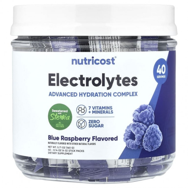 Nutricost, Электролиты, улучшенный комплекс для увлажнения, голубая малина, 40 пакетиков по 4 г (0,14 унции)