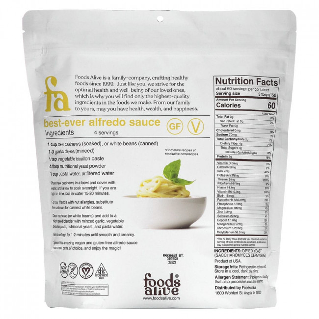 Foods Alive, Superfood, не обогащенные пищевые дрожжи, 907 г (32 унции) Foods Alive, Superfood, не обогащенные пищевые дрожжи, 907 г (32 унции)