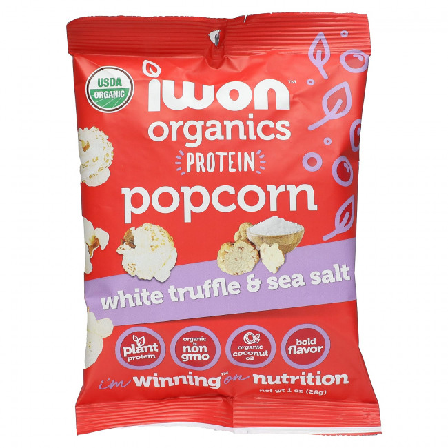 IWON Organics, Органический протеин, попкорн, белые трюфели и морская соль, 8 пакетиков по 28 г (1 унция) IWON Organics, Органический протеин, попкорн, белые трюфели и морская соль, 8 пакетиков по 28 г (1 унция)