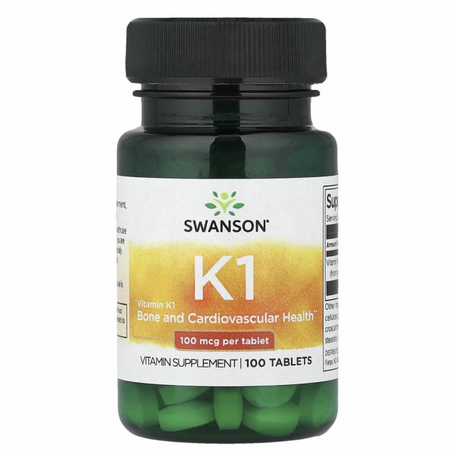Swanson, Витамин K1, 100 мкг, 100 таблеток Swanson, Витамин K1, 100 мкг, 100 таблеток