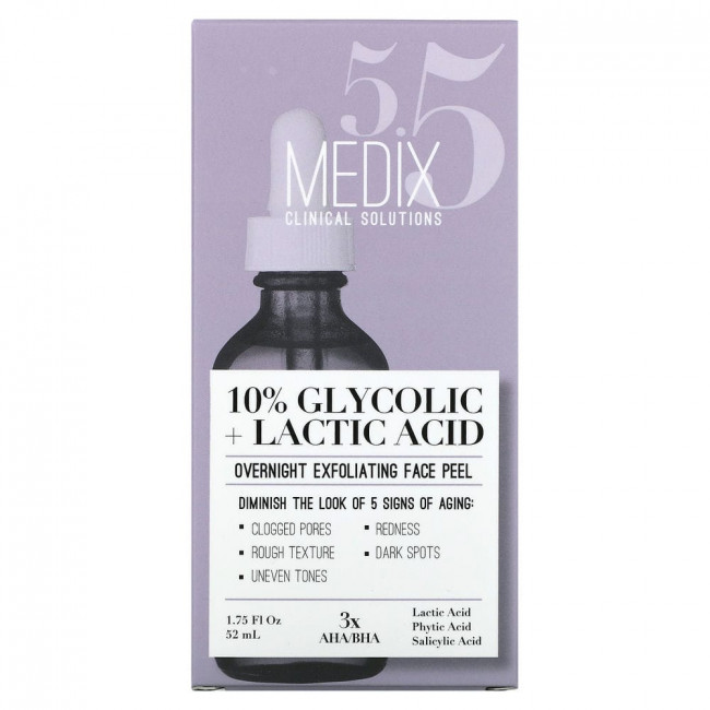 Medix 5.5, 10% гликолевая + молочная кислота, ночной отшелушивающий пилинг для лица, 52 мл (1,75 жидк. Унции) Medix 5.5, 10% гликолевая + молочная кислота, ночной отшелушивающий пилинг для лица, 52 мл (1,75 жидк. Унции)
