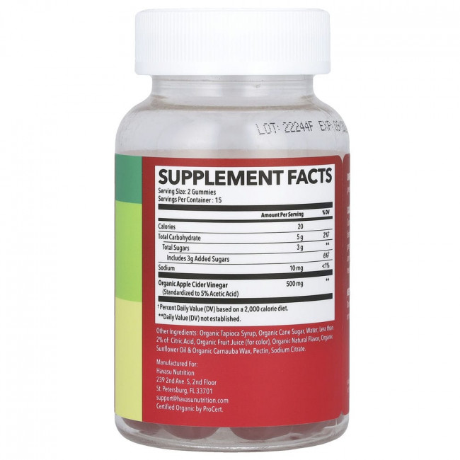 Havasu Nutrition, Organic Apple Cider Vinegar Gummies, Natural Apple, 30 Gummies