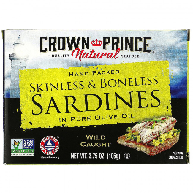 Crown Prince Natural, Сардины, очищенные от костей и кожи в чистом оливковом масле 3,75 унц. (106 г) Crown Prince Natural, Сардины, очищенные от костей и кожи в чистом оливковом масле 3,75 унц. (106 г)