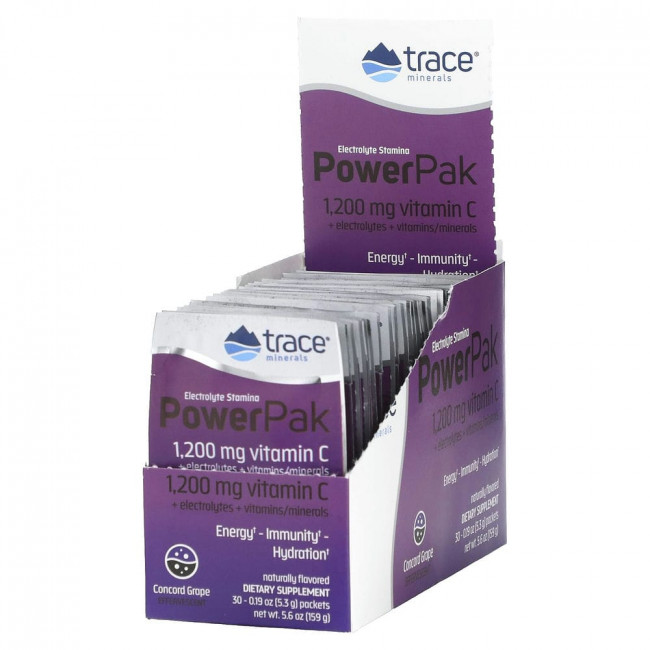 Trace Minerals ®, Electrolyte Stamina PowerPak, виноград Конкорд, 30 пакетиков. 5,3 г (0,19 унции) каждый Trace Minerals ®, Electrolyte Stamina PowerPak, виноград Конкорд, 30 пакетиков. 5,3 г (0,19 унции) каждый