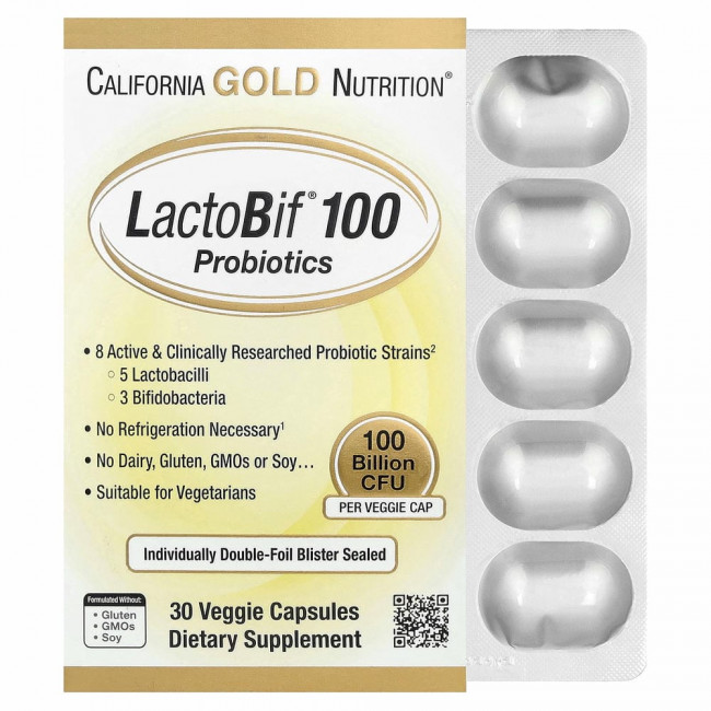 California Gold Nutrition, LactoBif, пробиотики, 100 млрд КОЕ, 30 растительных капсул California Gold Nutrition, LactoBif, пробиотики, 100 млрд КОЕ, 30 растительных капсул