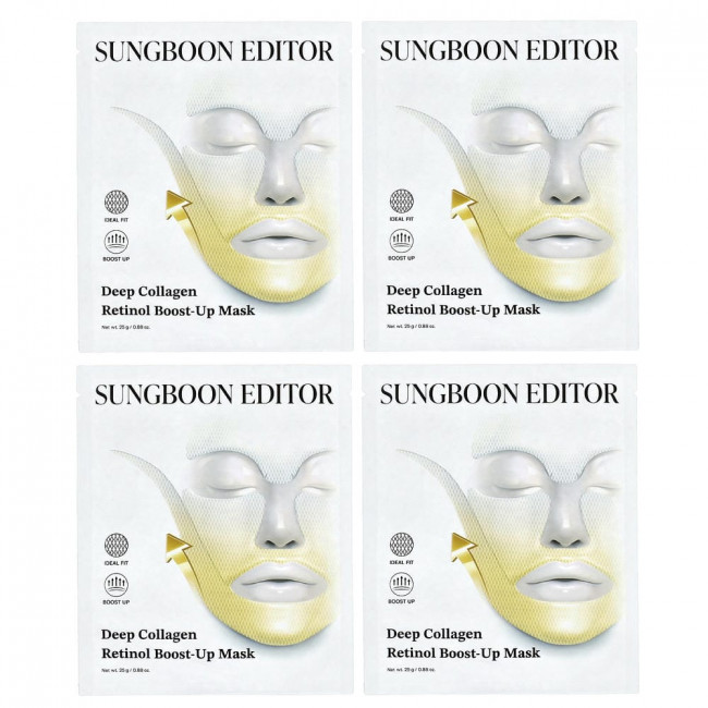 Sungboon Editor, Маска для лица Deep Collagen Retinol Boost-Up Beauty Mask, 4 листа, 0,88 унции (25 г) каждый.