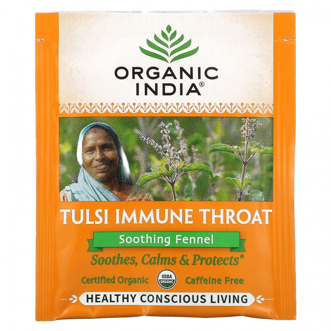 Organic India, Tulsi Immune Throat, успокаивающий фенхель, без кофеина, 18 пакетиков для настоя, 36 г (1,27 унции) Organic India, Tulsi Immune Throat, успокаивающий фенхель, без кофеина, 18 пакетиков для настоя, 36 г (1,27 унции)