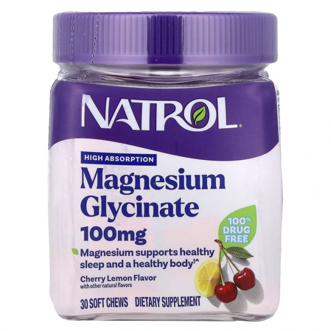Natrol, Глицинат магния, высокая усвояемость, вишневый лимон, 100 мг, 30 жевательных таблеток