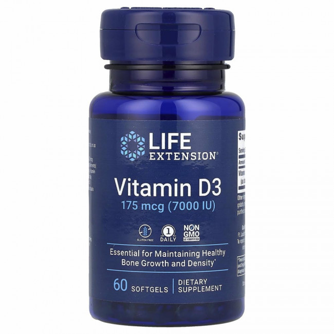 Life Extension, витамин D3, 175 мкг (7000 МЕ), 60 мягких таблеток Life Extension, витамин D3, 175 мкг (7000 МЕ), 60 мягких таблеток