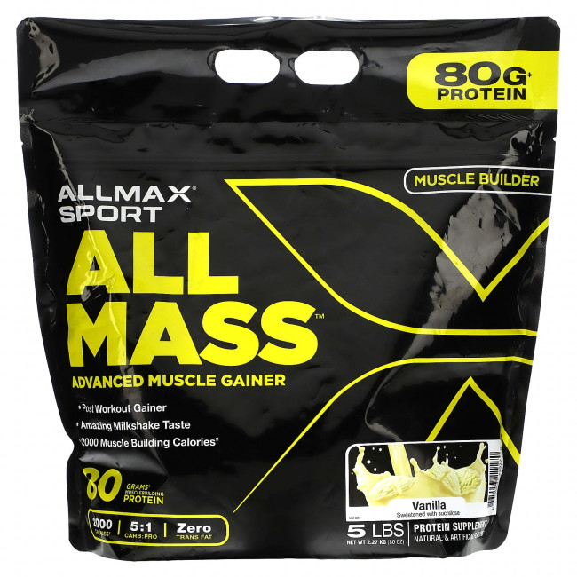 ALLMAX, Sport, All Mass, Advanced Muscle Gainer, Vanilla, 5 lbs, 2.27 kg (80 oz) ALLMAX, Sport, All Mass, Advanced Muscle Gainer, Vanilla, 5 lbs, 2.27 kg (80 oz)
