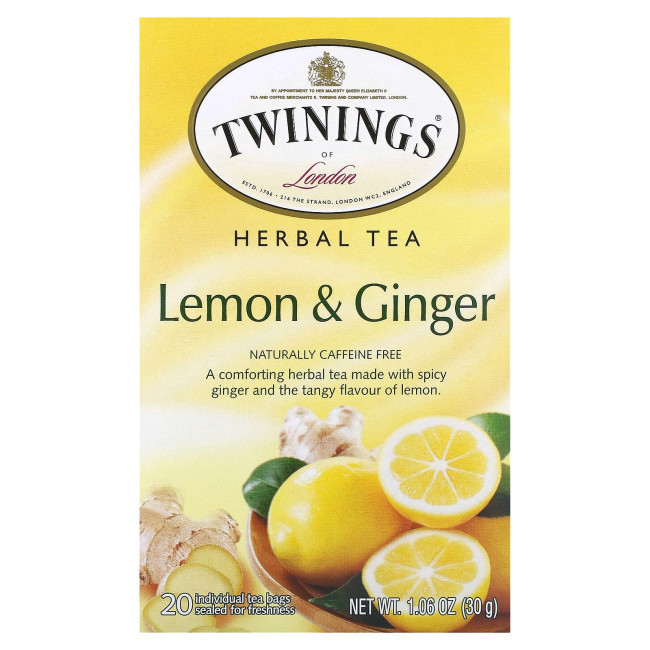 Twinings, Herbal Tea, Lemon & Ginger, Caffeine Free, 20 Tea Bags, 1.06 oz (30 g) Twinings, Herbal Tea, Lemon & Ginger, Caffeine Free, 20 Tea Bags, 1.06 oz (30 g)