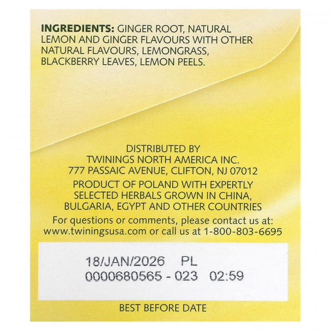 Twinings, Herbal Tea, Lemon & Ginger, Caffeine Free, 20 Tea Bags, 1.06 oz (30 g) Twinings, Herbal Tea, Lemon & Ginger, Caffeine Free, 20 Tea Bags, 1.06 oz (30 g)