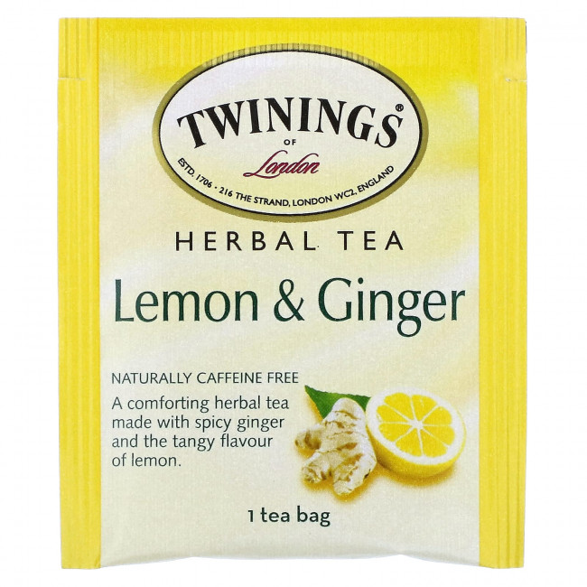 Twinings, Herbal Tea, Lemon & Ginger, Caffeine Free, 20 Tea Bags, 1.06 oz (30 g) Twinings, Herbal Tea, Lemon & Ginger, Caffeine Free, 20 Tea Bags, 1.06 oz (30 g)