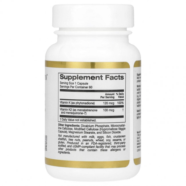 California Gold Nutrition, витамин K, 120 мкг, 60 растительных капсул California Gold Nutrition, витамин K, 120 мкг, 60 растительных капсул
