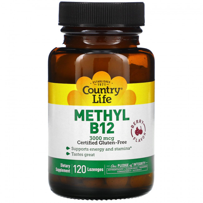 Country Life, Метил B12, ягодный, 3000 мкг, 120 пастилок Country Life, Метил B12, ягодный, 3000 мкг, 120 пастилок
