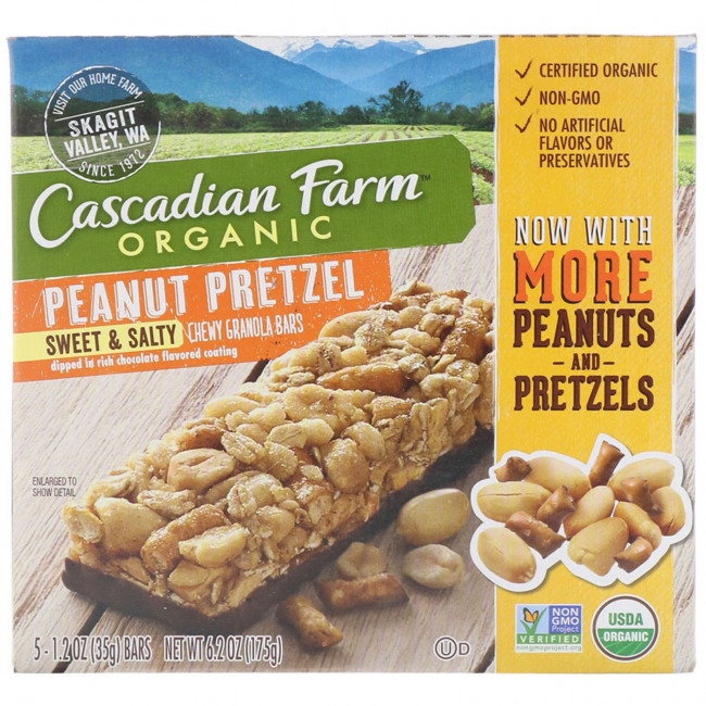 Cascadian Farm, Органические жевательные батончики с мюсли, сладко-соленые, арахисовый крендель, 5 батончиков, 1,2 унции (35 г) каждый Cascadian Farm, Органические жевательные батончики с мюсли, сладко-соленые, арахисовый крендель, 5 батончиков, 1,2 унции (35 г) каждый