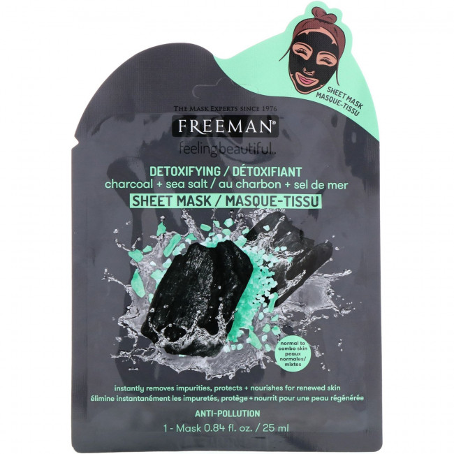 Freeman Beauty, Feeling Beautiful, детоксифицирующая тканевая маска, древесный уголь и морская соль, 1 шт., 25 мл (0,84 жидк. унции) Freeman Beauty, Feeling Beautiful, детоксифицирующая тканевая маска, древесный уголь и морская соль, 1 шт., 25 мл (0,84 жидк. унции)