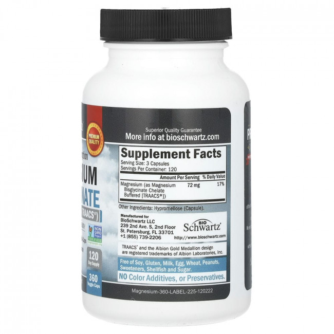 BioSchwartz, Maximum Absorption, бисглицинат магния, 360 вегетарианских капсул