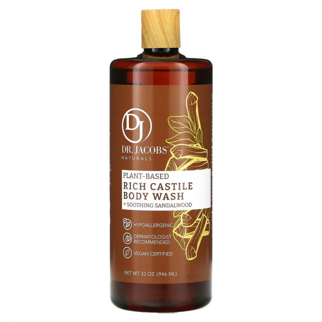 Dr. Jacobs Naturals, Насыщенный гель для душа из кастильского дерева на растительной основе, успокаивающее сандаловое дерево, 946 мл (32 унции)