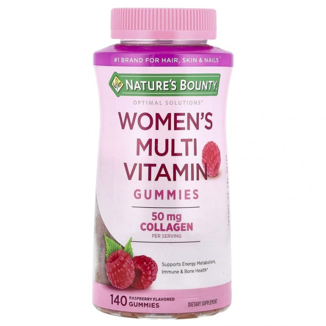 Nature's Bounty, Optimal Solutions®, мультивитаминные жевательные мармеладки для женщин, малина, 140 жевательных таблеток