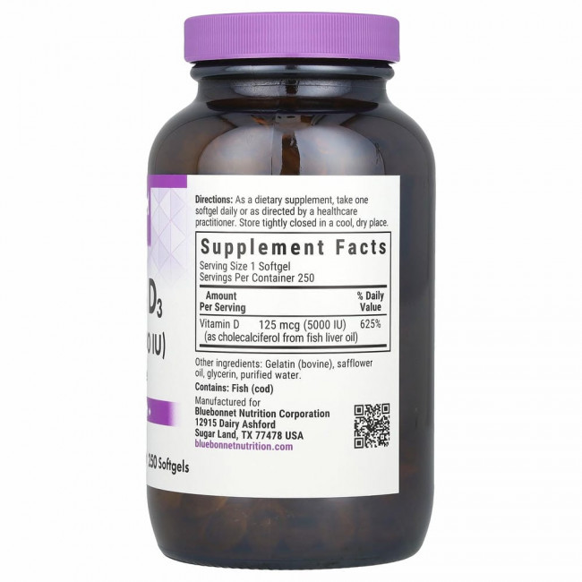 Bluebonnet Nutrition, витамин D3, 125 мкг (5000 МЕ), 250 капсул