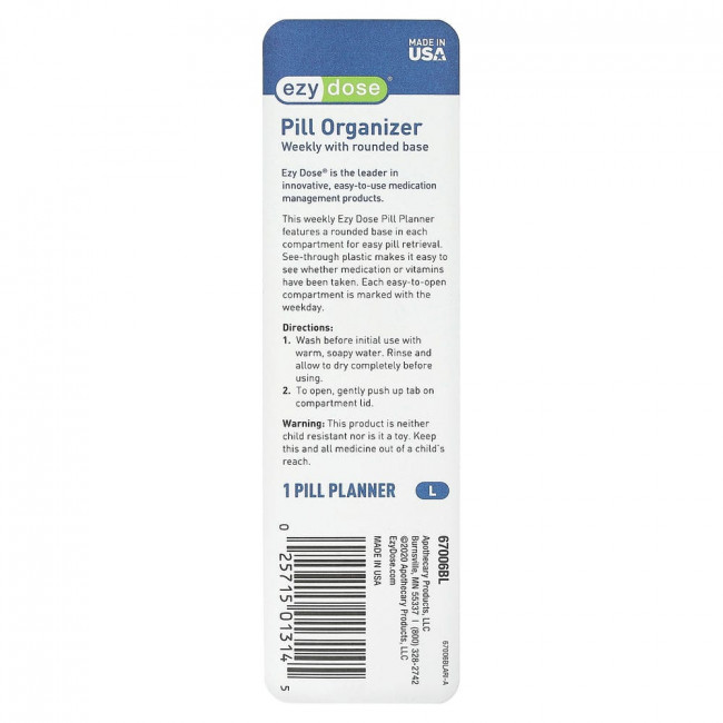 Ezy Dose, Weekly With Rounded Base Pill Organizer, L, 1 Count
