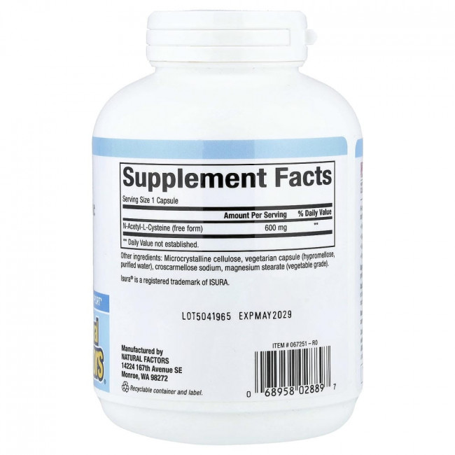 Natural Factors, NAC, 600 мг, 180 вегетарианских капсул
