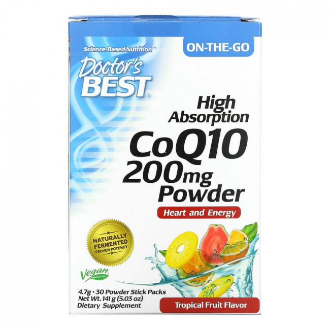 Doctor's Best, Порошок коэнзима Q10 с высокой степенью усвояемости, тропические фрукты, 200 мг, 30 пакетиков в виде стиков по 4,7 г Doctor's Best, Порошок коэнзима Q10 с высокой степенью усвояемости, тропические фрукты, 200 мг, 30 пакетиков в виде стиков по 4,7 г