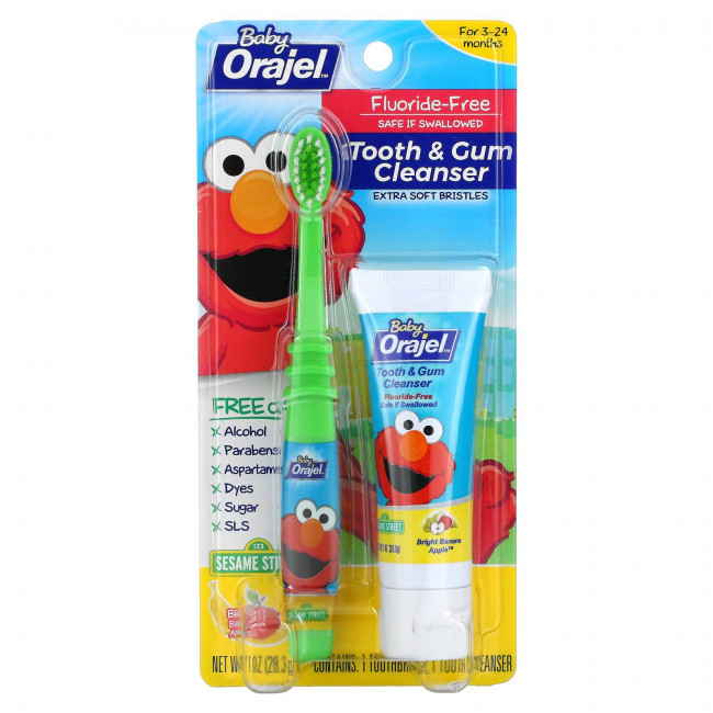 Orajel, очищающее средство для зубов и десен Elmo, без фторида, для детей в возрасте от 3 до 24 месяцев, смесь банана и яблока, 28,3 г (1 унция) Orajel, очищающее средство для зубов и десен Elmo, без фторида, для детей в возрасте от 3 до 24 месяцев, смесь банана и яблока, 28,3 г (1 унция)