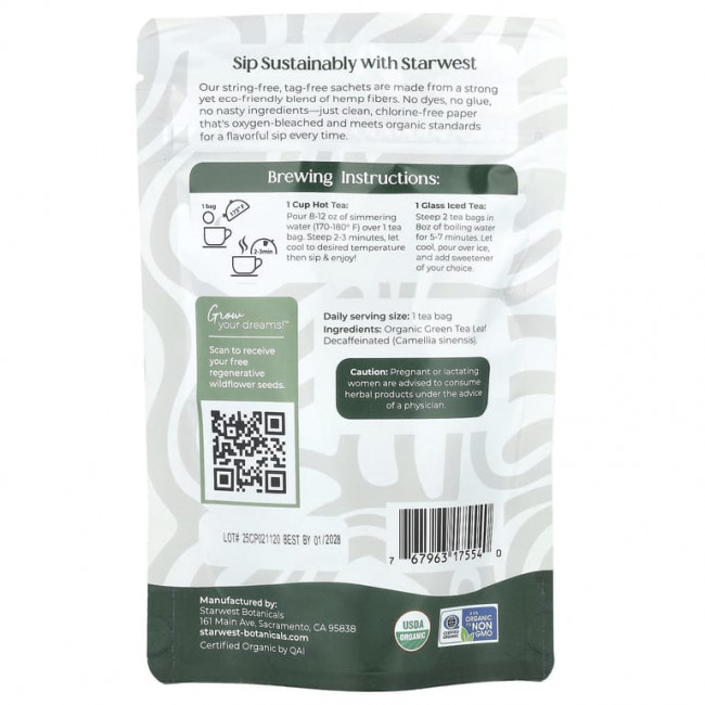 Starwest Botanicals, органический зеленый чай без кофеина, 20 чайных пакетиков, 40 г (1,4 унции) Starwest Botanicals, органический зеленый чай без кофеина, 20 чайных пакетиков, 40 г (1,4 унции)