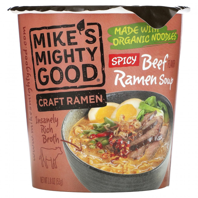 Mike's Mighty Good, Craft Ramen, Рамен-суп с острым говяжьим вкусом, 1,8 унции (53 г) Mike's Mighty Good, Craft Ramen, Рамен-суп с острым говяжьим вкусом, 1,8 унции (53 г)
