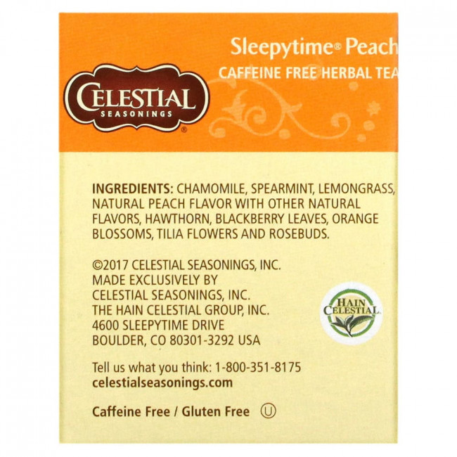 Celestial Seasonings, Sleepytime, травяной чай, без кофеина, персик, 20 чайных пакетиков, 29 г (1,0 унция) Celestial Seasonings, Sleepytime, травяной чай, без кофеина, персик, 20 чайных пакетиков, 29 г (1,0 унция)