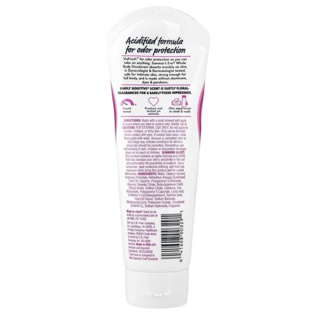 Summer's Eve, Ultimate Odor Protection™, дезодорант для всего тела, Simply Sensitive®, 89 мл (3 жидк. унции) Summer's Eve, Ultimate Odor Protection™, дезодорант для всего тела, Simply Sensitive®, 89 мл (3 жидк. унции)