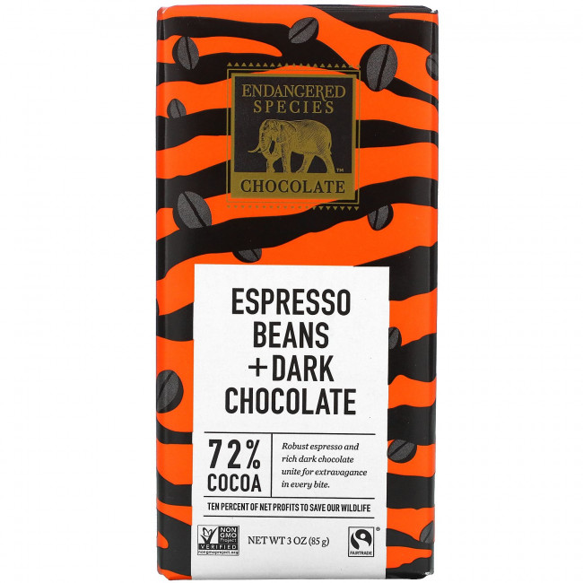 Endangered Species Chocolate, Зерна эспрессо + темный шоколад, 72% какао, 85 г (3 унции) Endangered Species Chocolate, Зерна эспрессо + темный шоколад, 72% какао, 85 г (3 унции)