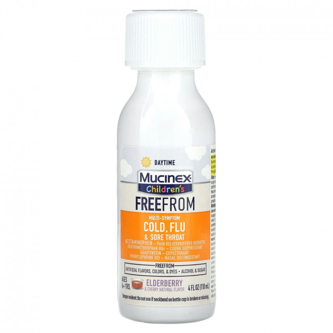 Mucinex, Children's, FreeFrom мультисимптомная простуда, грипп и боль в горле, дневная добавка с бузиной и вишней, для детей от 6 лет, 118 мл (4 жидк. унции)
