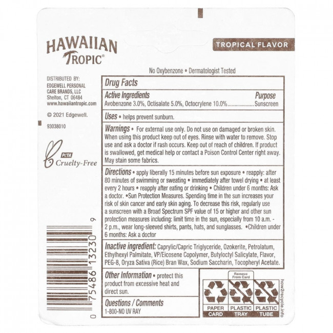 Hawaiian Tropic, солнцезащитный бальзам для губ в стике, SPF 30, тропический, 0,14 жидких унций (4,25 г) Hawaiian Tropic, солнцезащитный бальзам для губ в стике, SPF 30, тропический, 0,14 жидких унций (4,25 г)