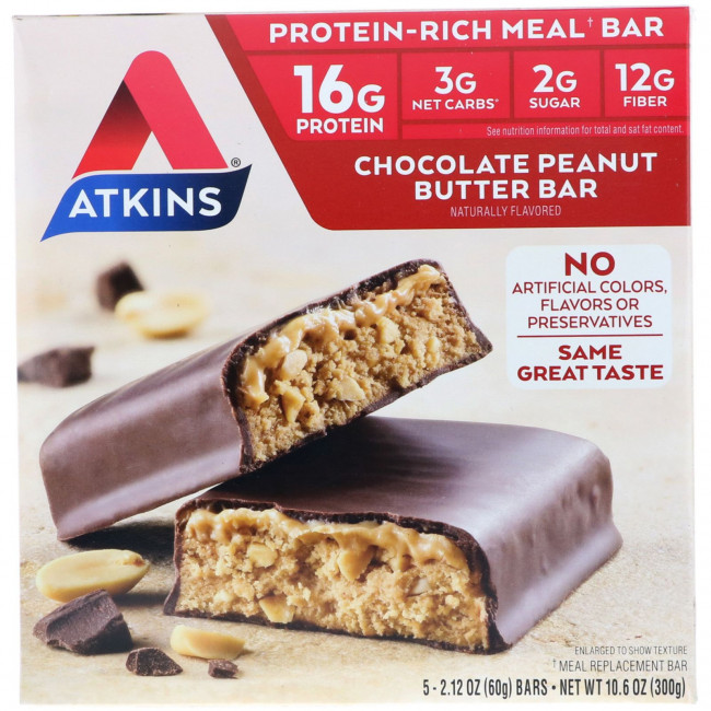 Atkins, Батончик для перекуса, шоколадно-арахисовое масло, 5 батончиков, 2,12 унции (60 г) каждый Atkins, Батончик для перекуса, шоколадно-арахисовое масло, 5 батончиков, 2,12 унции (60 г) каждый