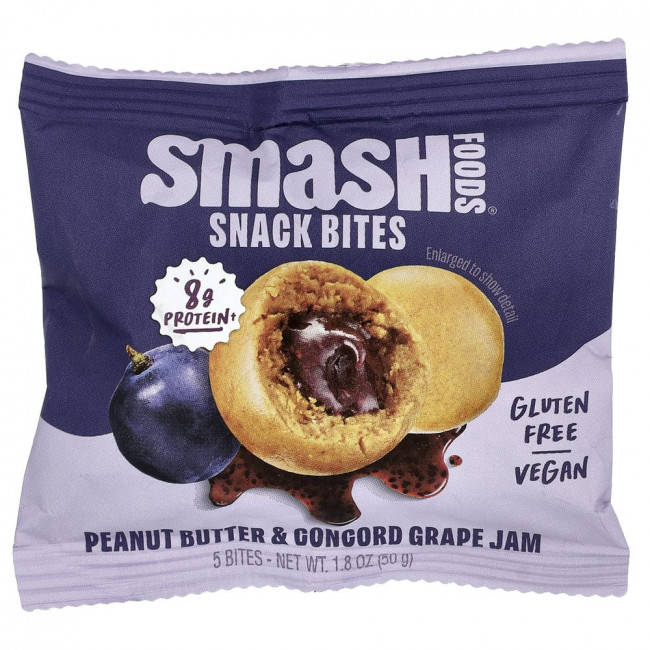Smash Foods, мини-закуски с арахисовым маслом и джемом из винограда сорта Конкорд, 5 штук, 50 г (1,8 унции)