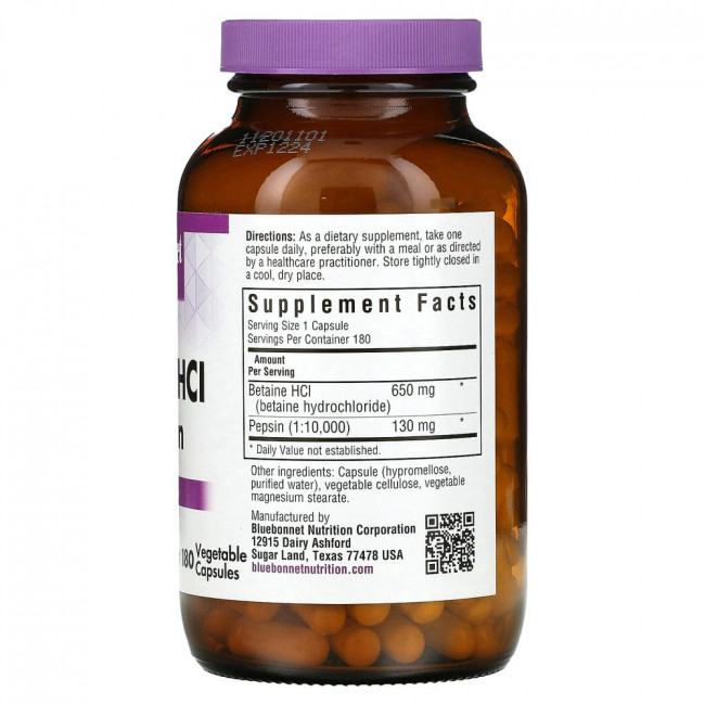 Bluebonnet Nutrition, Бетаина гидрохлорид, с пепсином, 180 растительных капсул