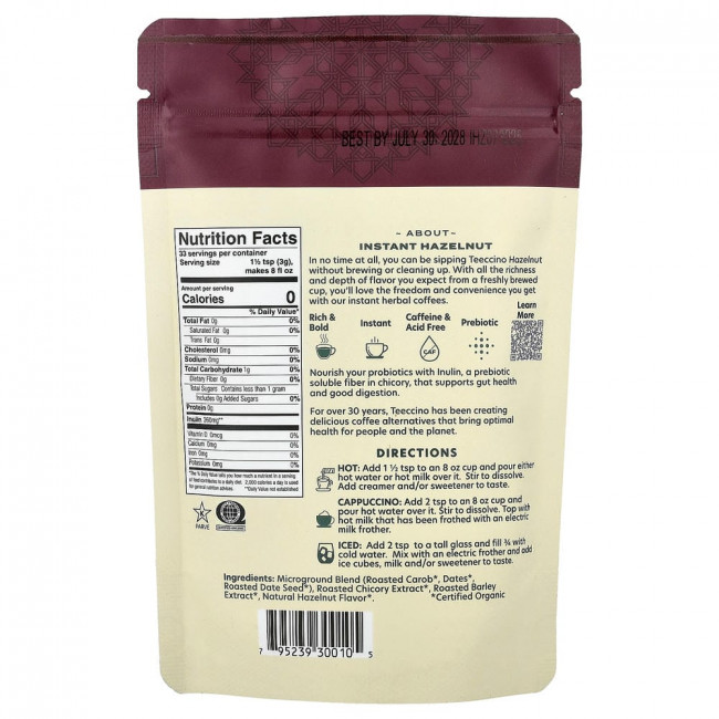 Teeccino, растворимый травяной кофе с фундуком, средней обжарки, без кофеина, 100 г (3,53 унции) Teeccino, растворимый травяной кофе с фундуком, средней обжарки, без кофеина, 100 г (3,53 унции)