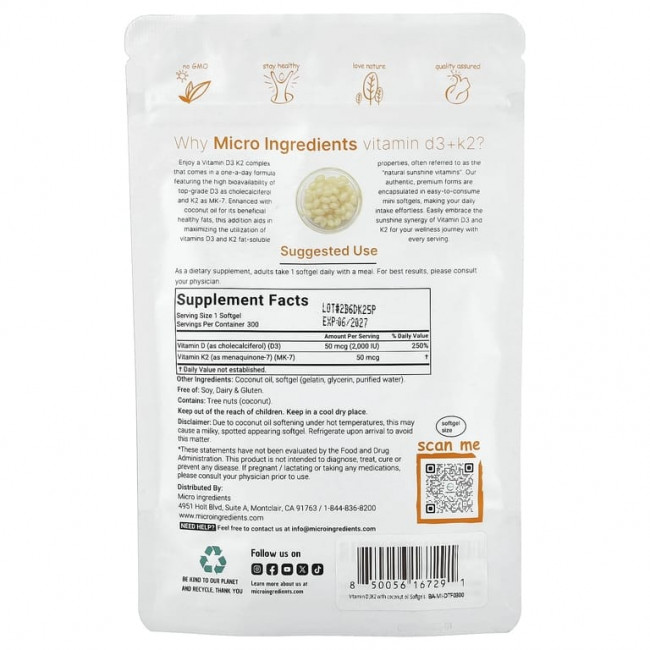 Micro Ingredients, витамины D3 и K2, 300 мягких таблеток