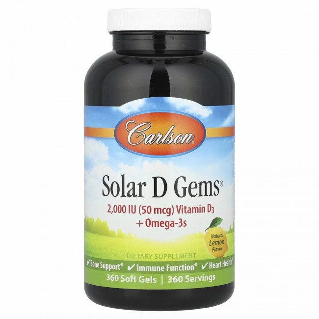 Carlson Labs, Solar D Gems, витамин D3 + омега-3 кислоты, натуральный лимонный вкус, 2000 МЕ, 360 мягких таблеток Carlson Labs, Solar D Gems, витамин D3 + омега-3 кислоты, натуральный лимонный вкус, 2000 МЕ, 360 мягких таблеток