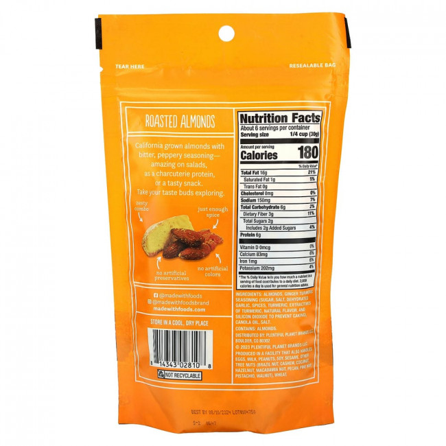 Made With, Seasoned Roasted Almonds, Ginger Turmeric , 6 oz (170 g)