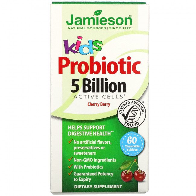Jamieson Natural Sources, Kids, пробиотик, вишня, 5 млрд КОЕ активных клеток, 60 жевательных таблеток Jamieson Natural Sources, Kids, пробиотик, вишня, 5 млрд КОЕ активных клеток, 60 жевательных таблеток