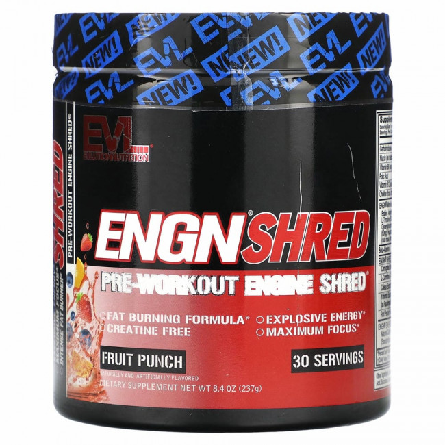 EVLution Nutrition, ENGN Shred, предтренировочный клочок, фруктовый пунш, 237 г (8,4 унции) EVLution Nutrition, ENGN Shred, предтренировочный клочок, фруктовый пунш, 237 г (8,4 унции)