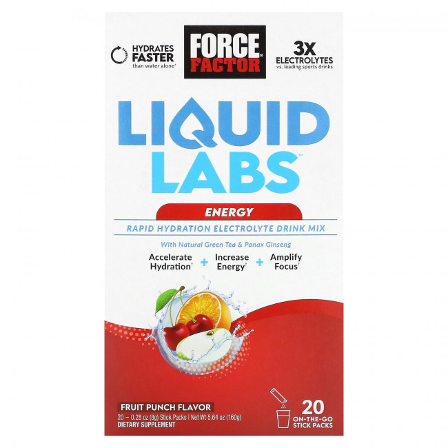 Force Factor, Liquid Labs, Energy, фруктовый пунш, 20 пакетиков по 8 г (0,28 унции) Force Factor, Liquid Labs, Energy, фруктовый пунш, 20 пакетиков по 8 г (0,28 унции)