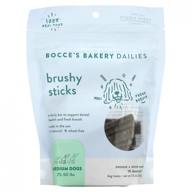 Bocce's Bakery, Dailies, Brushy Sticks, для средних собак, рецепт с кокосом и мятой, 16 зубных батончиков, 368,5 г (13 унций) (Товар снят с продажи)