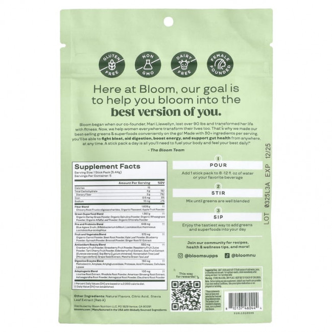 Bloom, Greens & Superfoods, ягоды, 5 пакетиков в стиках по 5,44 г (0,19 унции) (Товар снят с продажи) Bloom, Greens & Superfoods, ягоды, 5 пакетиков в стиках по 5,44 г (0,19 унции) (Товар снят с продажи)