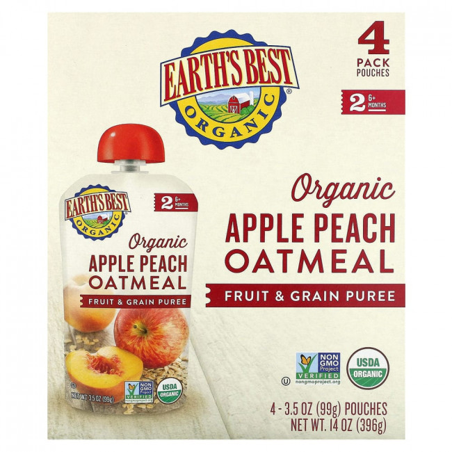 Earth's Best, Organic Fruit & Grain Puree, 6+ Months, Apple, Peach, Oatmeal, 4 Pouches, 3.5 oz (99 g) Each
